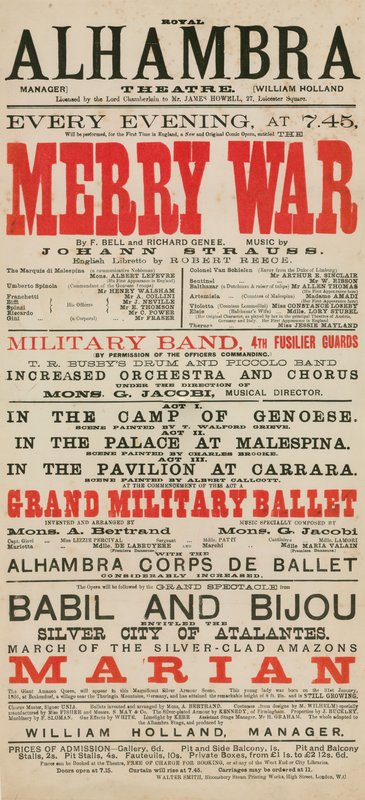 Reklama Royal Alhambra Theatre z Merry War F Bella i Richarda Genee z muzyką Johanna Straussa autorstwa English School