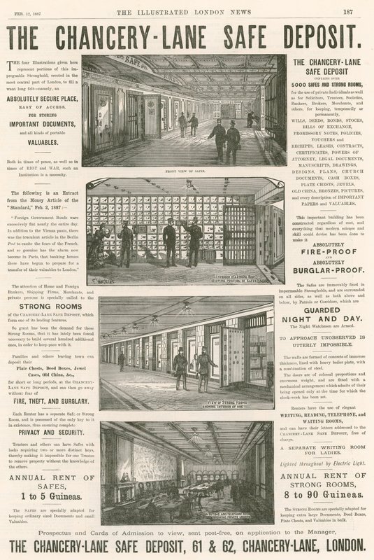 Reklama sejfu Chancery Lane, 61-62 Chancery Lane, Londyn; autorstwa English School