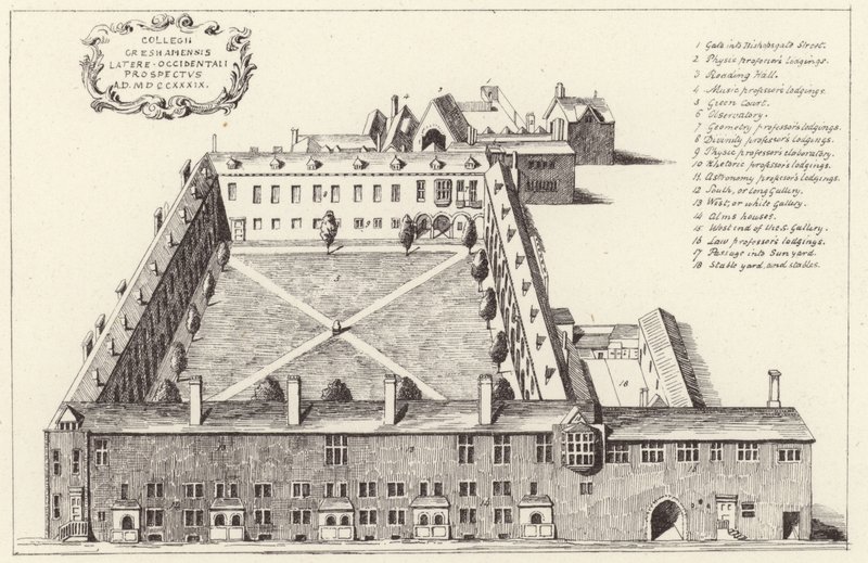 Widok z lotu ptaka na Gresham College w londyńskim City autorstwa English School