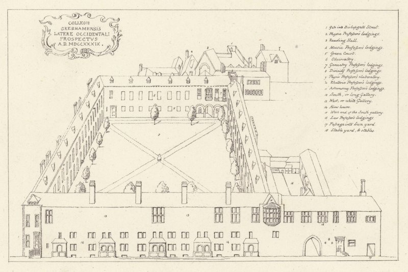 Widok z lotu ptaka na Gresham College w londyńskim City autorstwa English School