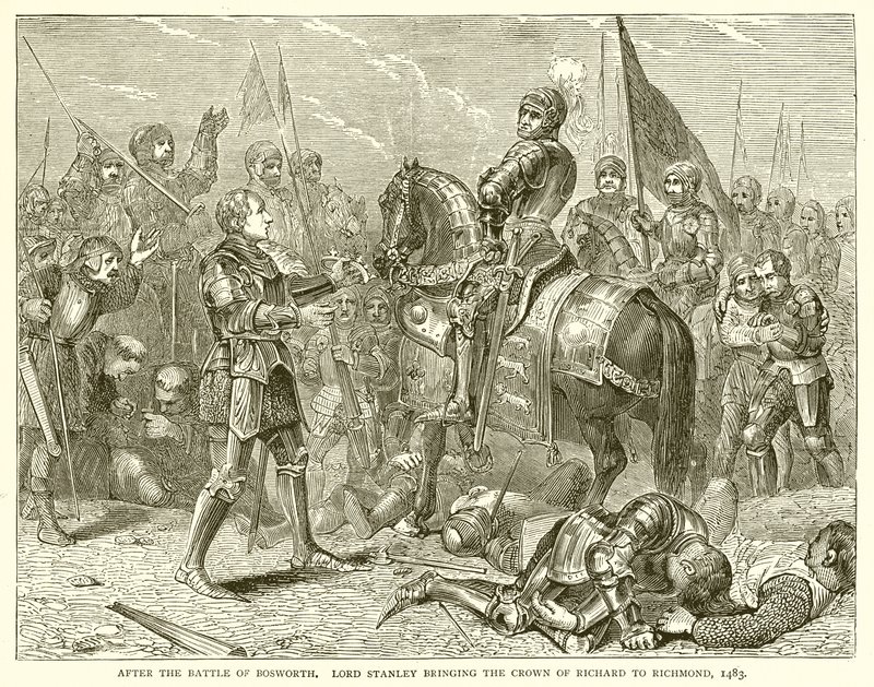 Po bitwie pod Bosworth. Lord Stanley przynosząc koronę Richarda do Richmond, 1483 autorstwa English School