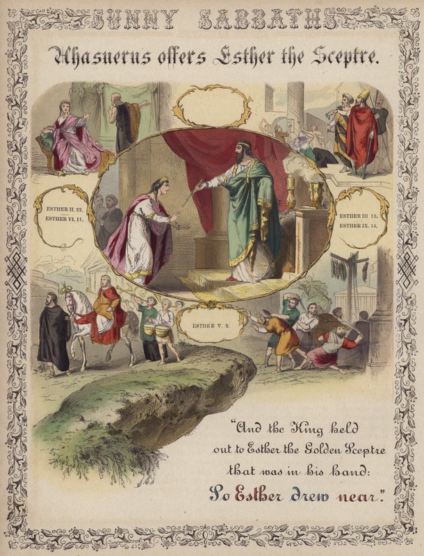 Aswerus oferuje Esther berło (kolorowy grawer) autorstwa English School