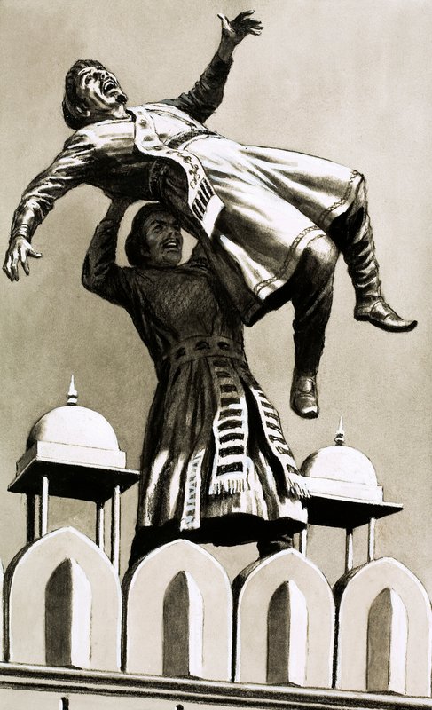 Akbar, król Hindustanu, zrzucił ze szczytu pałacu mordercę Adhama Khana (gwasz na papierze) autorstwa English School