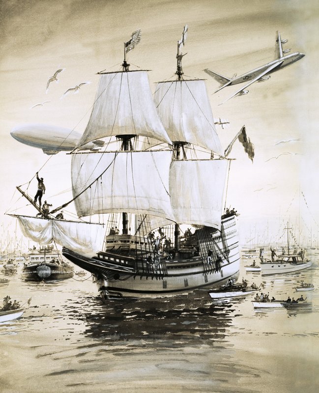 Alan Villiers odtwarza statek Mayflower Ojców Pielgrzymów i płynie przez Atlantyk. autorstwa English School