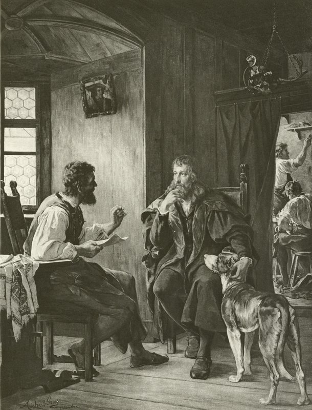 Albert Durer odwiedza Hansa Sachsa (grafika) autorstwa English School
