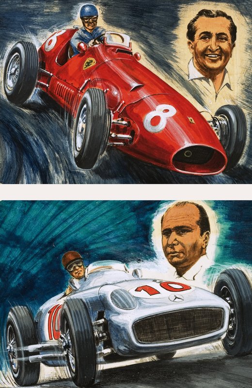 Alberto Ascari prowadzący Maserati (na górze) i Juan Manuel Fangio prowadzący Mercedes-Benz (poniżej) autorstwa English School