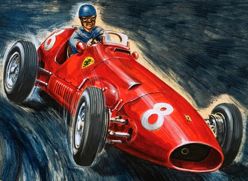 Alberto Ascari prowadzący Maserati autorstwa English School
