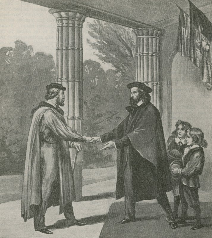 Alfred, Lord Tennyson, witający Giuseppe Garibaldiego w swoim domu na wyspie Wight autorstwa English School