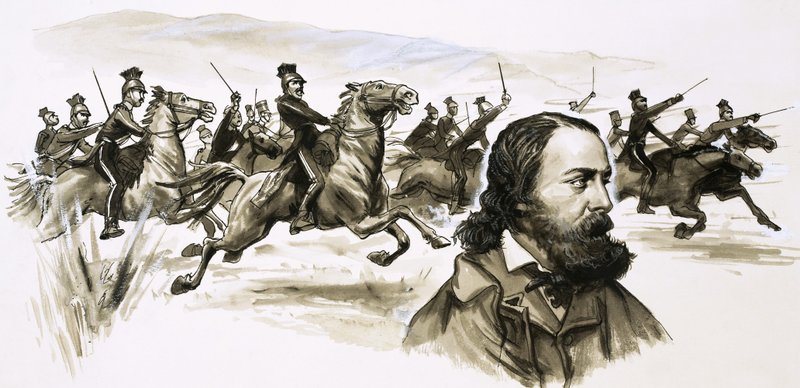 Alfred Tennyson z szarżą Lekkiej Brygady w tle autorstwa English School