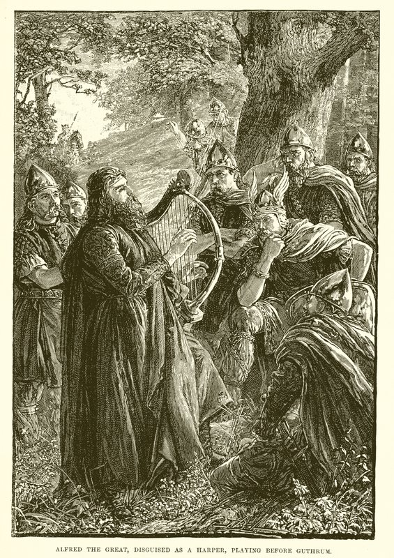 Alfred Wielki, przebrany za harfiarza, grający przed Guthrum autorstwa English School