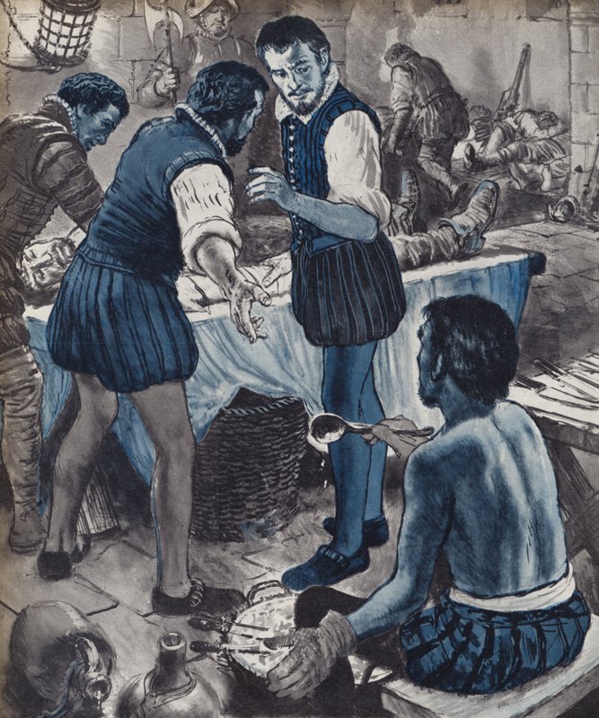 Ambroise Pare, chirurg wojskowy, kiedy skończyła się ropa (litografia) autorstwa English School
