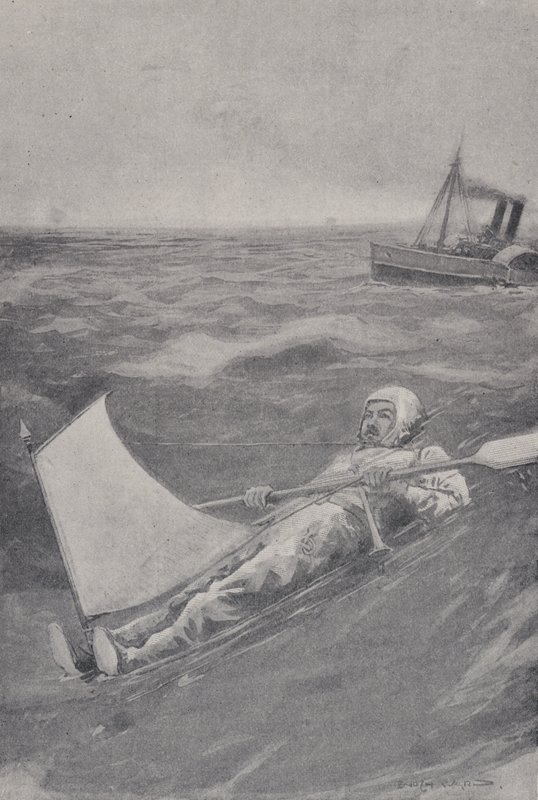 Amerykański poszukiwacz przygód Paul Boyton przekraczający kanał La Manche w gumowym garniturze autorstwa English School