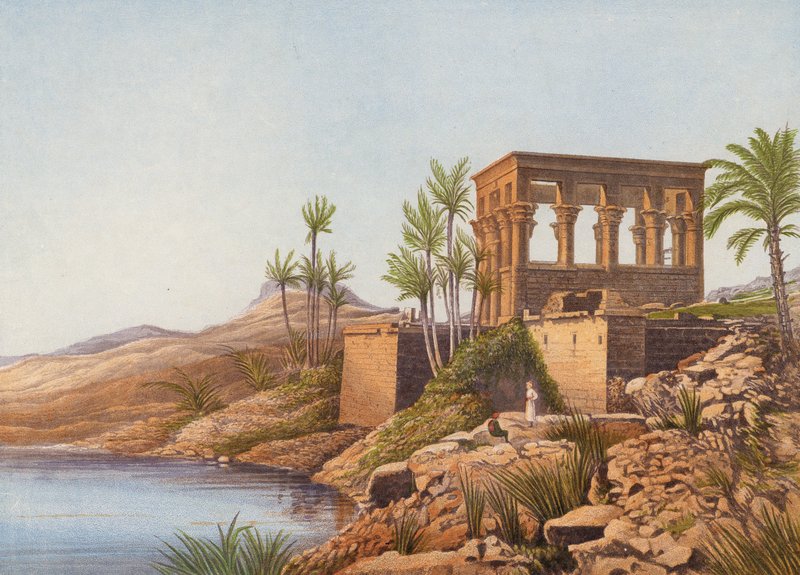 Egipska świątynia nad Nilem, Philae (kolorowa litografia) autorstwa English School