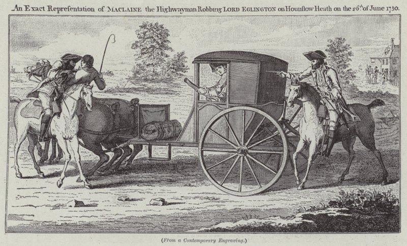 Dokładne przedstawienie Maclaine the Highwayman rabującego Lorda Eglingtona na Hounslow Heath w dniu 26 czerwca 1750 (grawerowanie) autorstwa English School