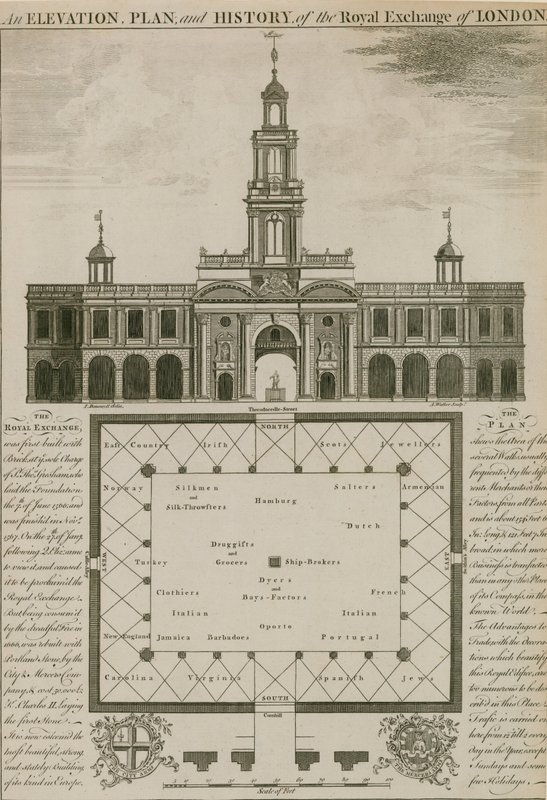 Elewacja, plan i historia Royal Exchange w Londynie autorstwa English School