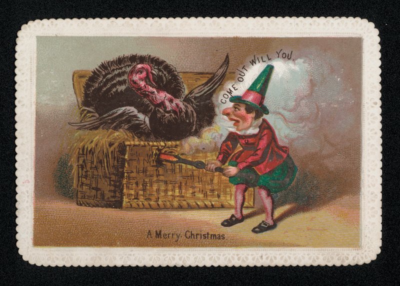 Elf palący indyka z koszyka, kartka z życzeniami świątecznymi (chromolitho) autorstwa English School