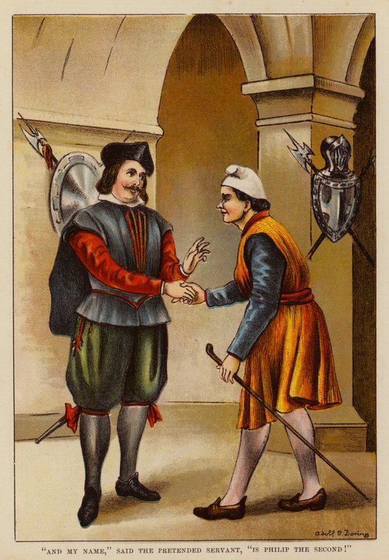 "A moje imię", powiedział udawany sługa, "to Filip Drugi!". (kolorowa litografia) autorstwa English School