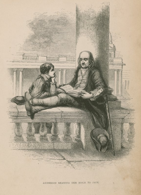 Anderson czyta Biblię Jackowi; ilustracja z Poor Jack autorstwa Fredericka Marryat autorstwa English School