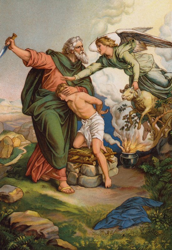 Anioł interweniujący, by powstrzymać Abrahama przed poświęceniem swojego syna Izaaka (chromolitho) autorstwa English School