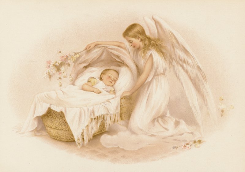 Anioł czuwający nad dzieckiem (chromolitho) autorstwa English School