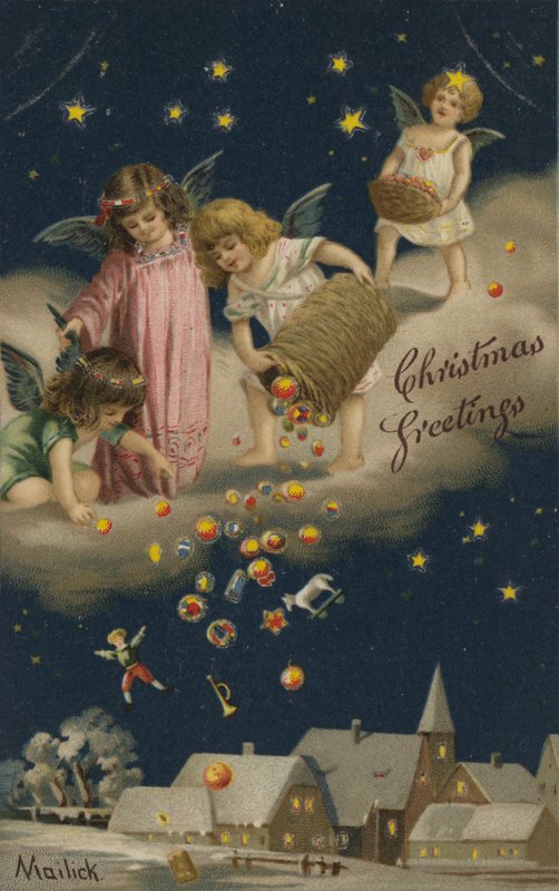 Anioły sypiące prezenty świąteczne na ziemię (chromolitho) autorstwa English School