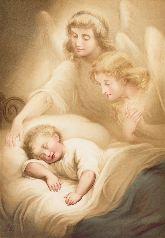 Anioły czuwające nad śpiącym dzieckiem (chromolitho) autorstwa English School