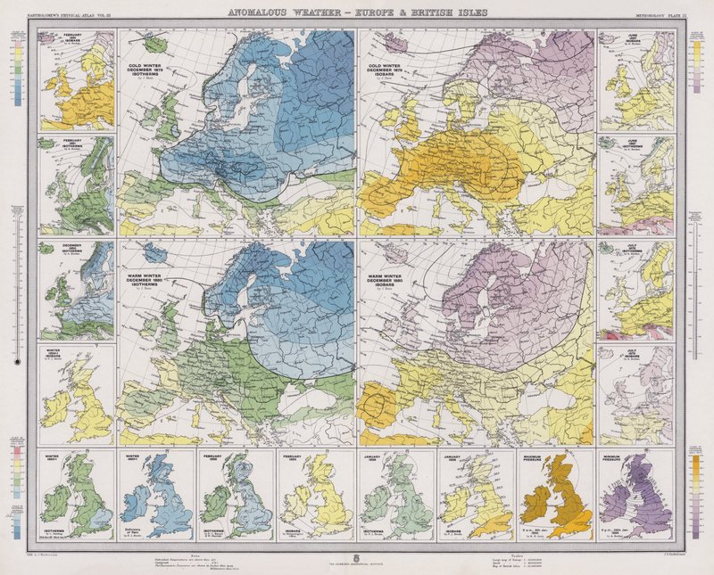 Anomalna pogoda, Europa i Wyspy Brytyjskie (kolorowa litografia) autorstwa English School