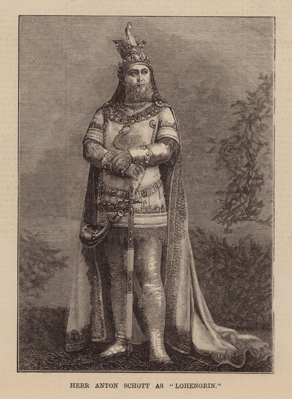 Anton Schott jako Lohengrin (rycina) autorstwa English School