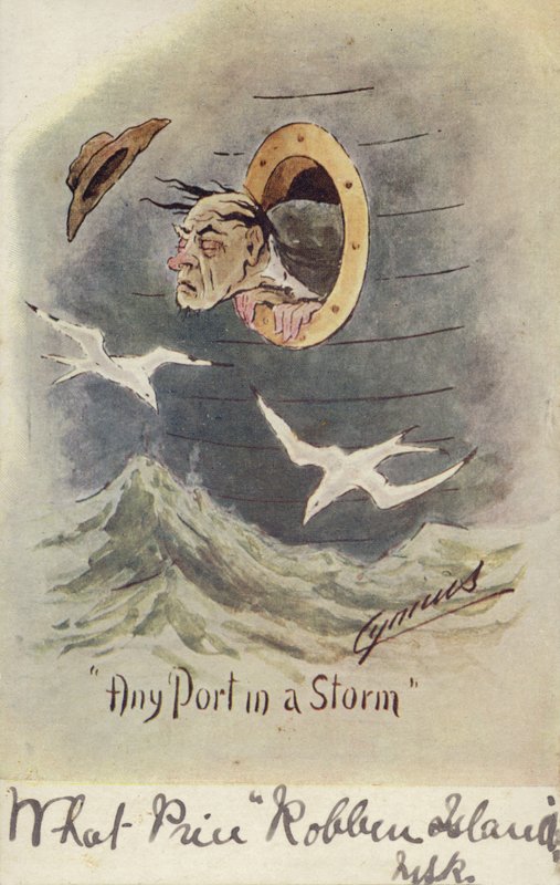 "Każdy port w czasie sztormu" (kolorowa litografia) autorstwa English School