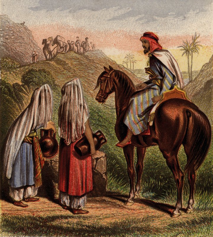 Araby na koniu i zbierające wodę (chromolitho) autorstwa English School