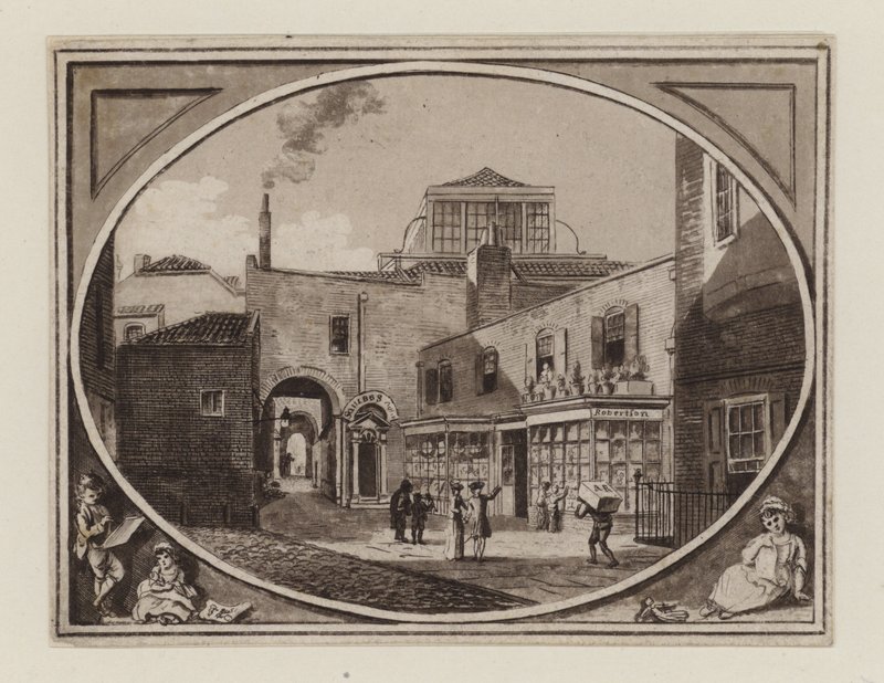 Archibald Roberton, sprzedawca druków, w pasażu Savill Row, sąsiadującym z salą aukcyjną Squibs, ok. 1790 r. autorstwa English School