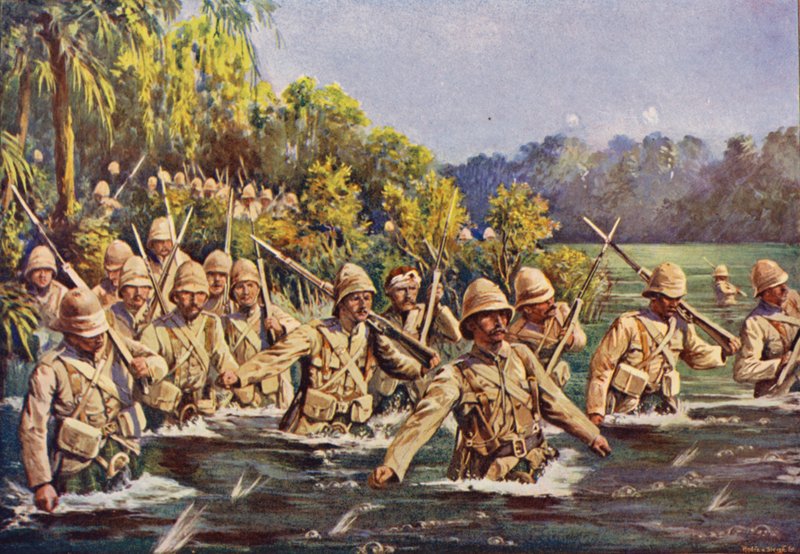 Argyll and Sutherland Highlanders przekraczający rzekę Modder autorstwa English School