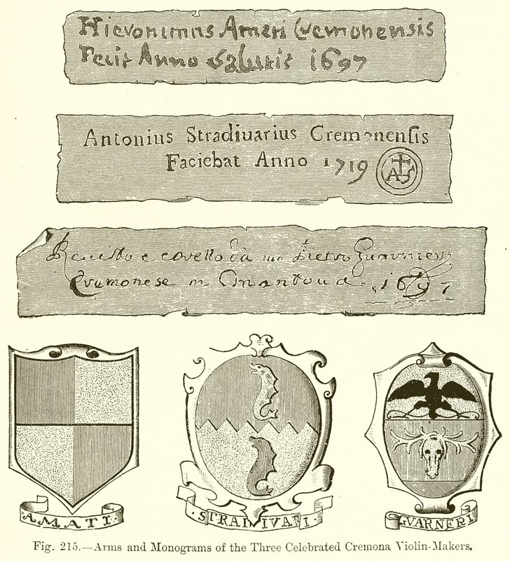 Ramiona i monogramy trzech sławnych lutników z Cremony autorstwa English School