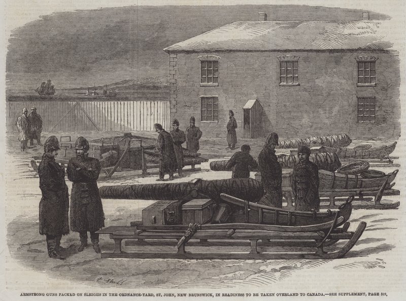 Armstrong Guns zapakowany na saniach w Ordnance-Yard, St John, New Brunswick, w gotowości do wywiezienia drogą lądową do Kanady (grawerowanie) autorstwa English School