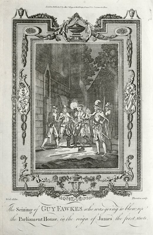 Aresztowanie Guya Fawkesa za próbę wysadzenia w powietrze budynków Parlamentu na spisku prochowym, 5 listopada 1605 (rycina) autorstwa English School