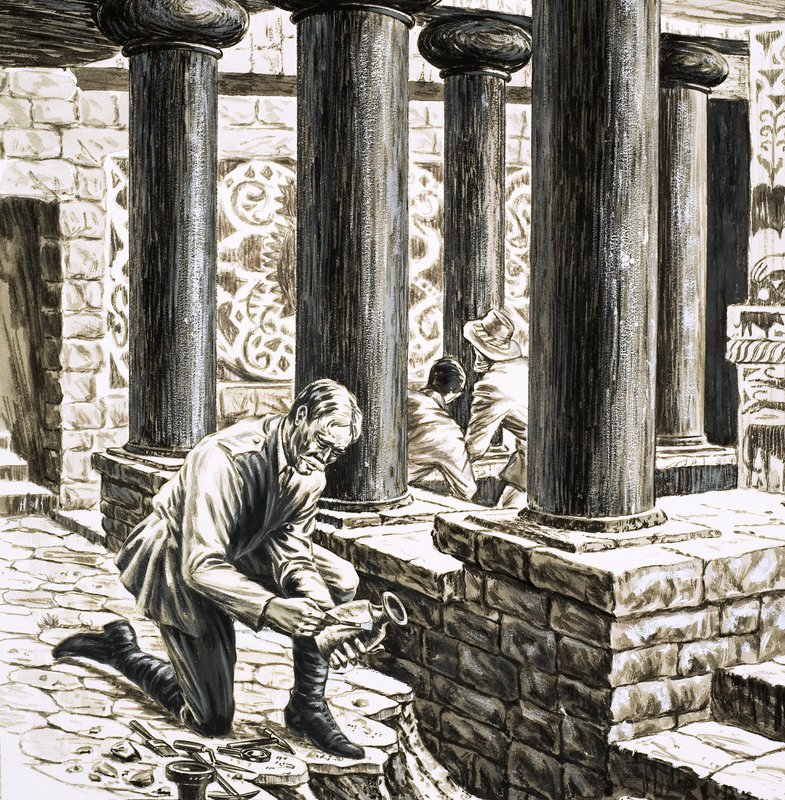 Arthur Evans badający pozostałości starożytnego pałacu minojskiego w Knossos autorstwa English School