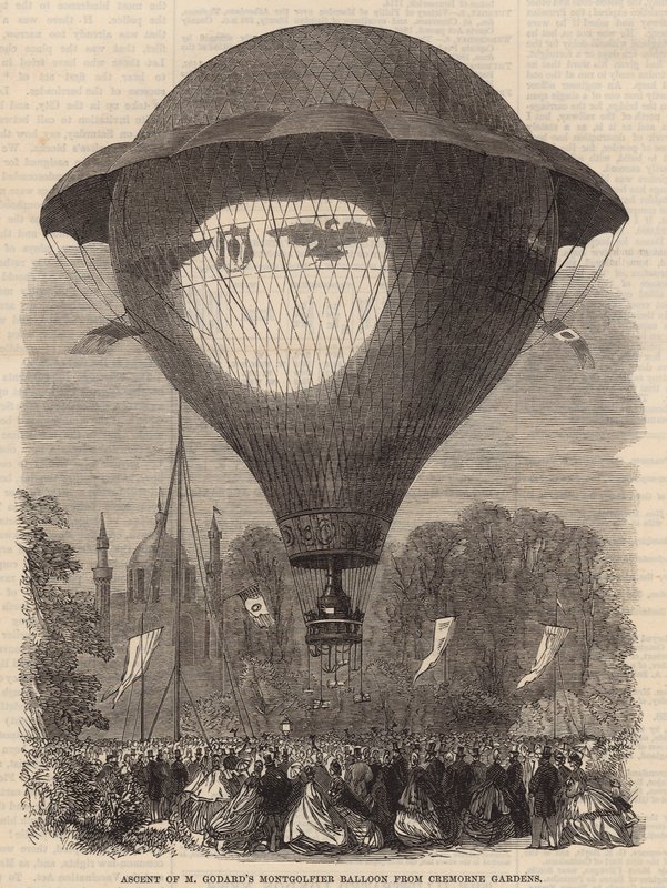 Wejście balonem M Goddards Montgolfier z Cremorne Gardens autorstwa English School