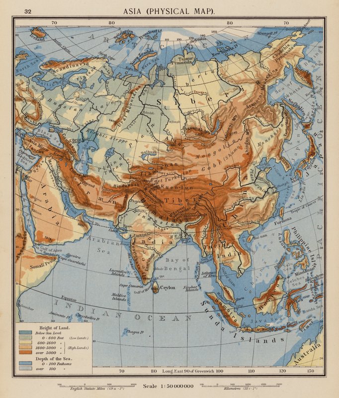 Azja, mapa fizyczna (kolorowa litografia) autorstwa English School