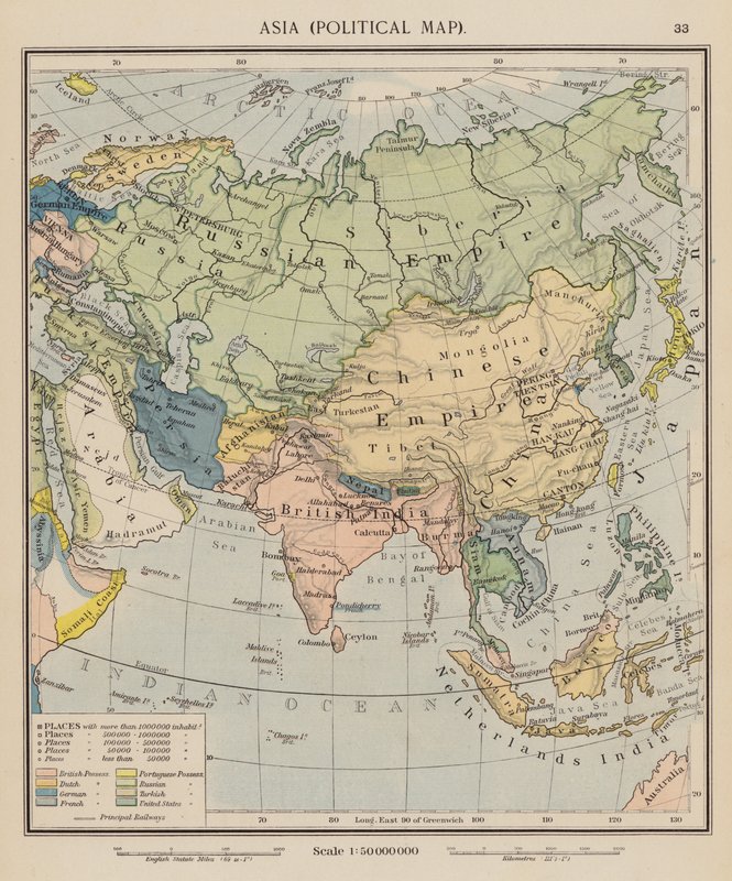 Azja, mapa polityczna (kolorowa litografia) autorstwa English School