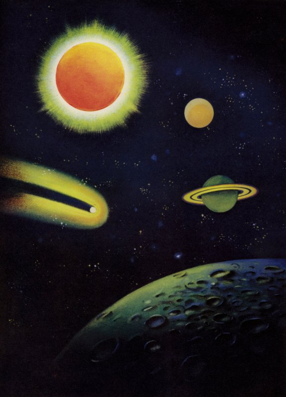 Obiekty astronomiczne: Słońce ukazujące swoją koronę; planety Mars i Saturn; Kometa Coggii; powierzchnia Księżyca (kolor lito) autorstwa English School