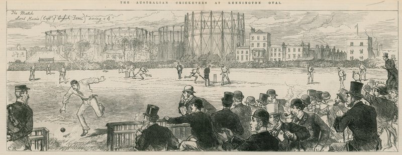 Australijscy Cricketers na Kennington Oval: Lord Harris (kapitan angielskiej drużyny) ratuje 4 autorstwa English School