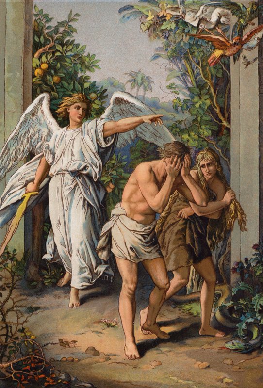 Wygnanie Adama i Ewy z Ogrodu Eden (chromolitho) autorstwa English School