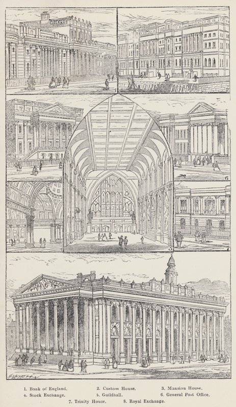 Bank of England, Custom House, Mansion House, Stock Exchange, Guildhall, General Post Office, Trinity House, Royal Exchange (grawerowanie) autorstwa English School