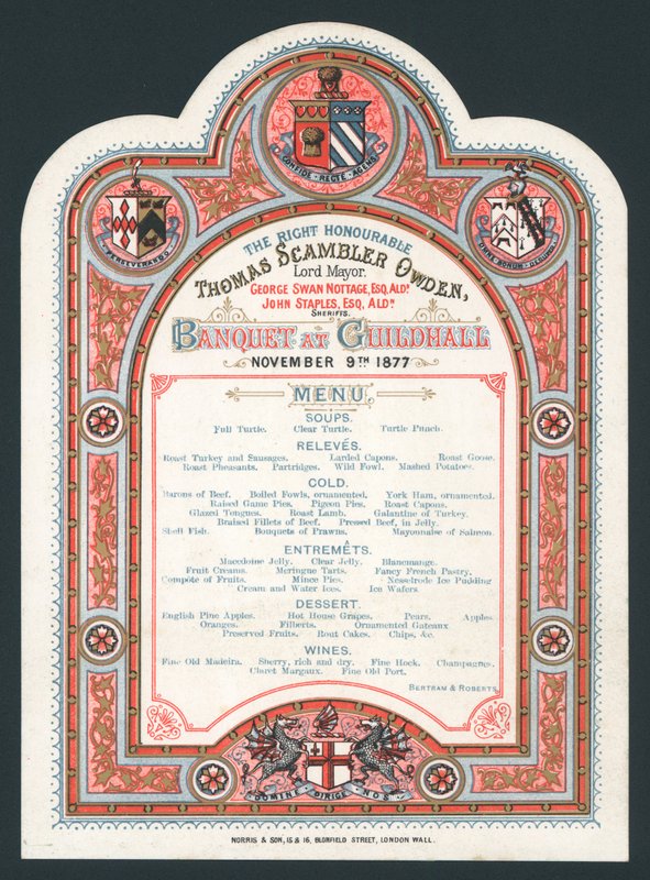 Bankiet w Guildhall, 9 listopada 1877, menu autorstwa English School
