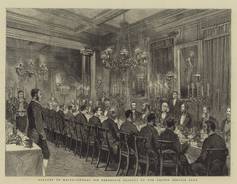 Bankiet dla generała dywizji Sir Fredericka Robertsa w United Service Club, ilustracja do The Graphic, 4 grudnia 1880 roku, autorstwa English School