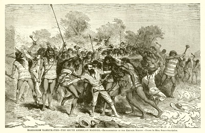 Ilustrowane barbarzyństwo — maniery południowoamerykańskie — zagłada misji w Crevaux autorstwa English School