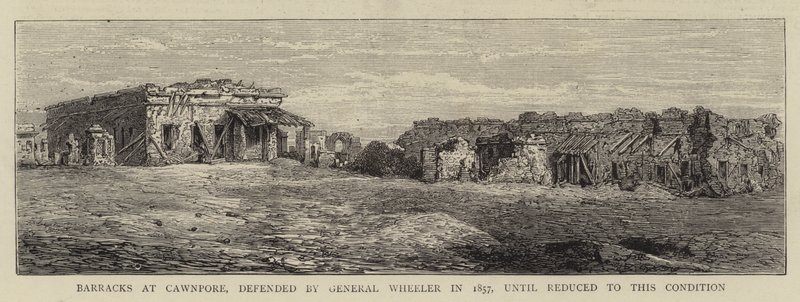 Koszary w Cawnpore, bronione przez generała Wheelera w 1857 roku, do czasu zredukowania do tego stanu (ryty) autorstwa English School