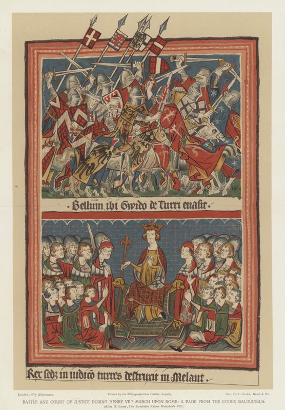 Bitwa i sąd podczas marszu Henryka VII na Rzym (kolorowa litografia) autorstwa English School