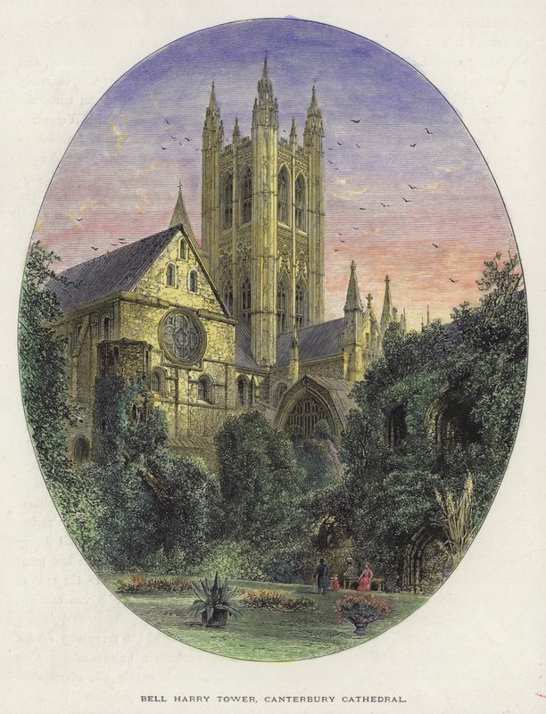 Bell Harry Tower, Katedra Canterbury, Kent (kolorowy grawerunek) autorstwa English School