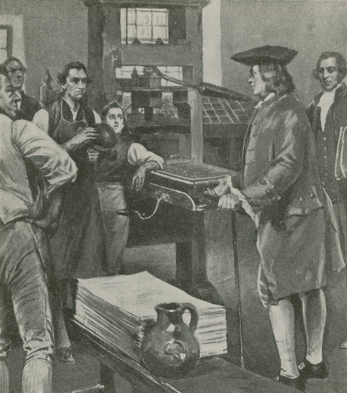 Benjamin Franklin dzwoni do swoich dawnych mistrzów drukarni w Londynie autorstwa English School